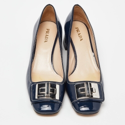 Pre Owned Prada Blue Patent Leather Buckle Square Toe Pumps Size 40.5