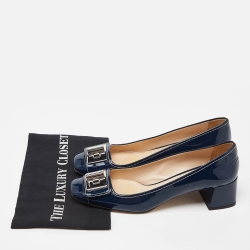 Pre Owned Prada Blue Patent Leather Buckle Square Toe Pumps Size 40.5