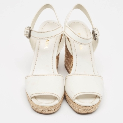 Pre Owned Prada White Leather Wedge Espadrille Ankle Strap Sandals Size 40
