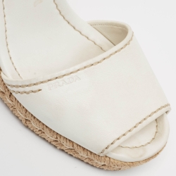 Pre Owned Prada White Leather Wedge Espadrille Ankle Strap Sandals Size 40
