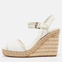 Pre Owned Prada White Leather Wedge Espadrille Ankle Strap Sandals Size 40