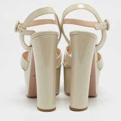 Prada Cream Patent Leather Platform Block Heel Ankle Strap Sandals Size 37.5