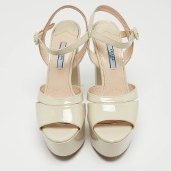 Prada Cream Patent Leather Platform Block Heel Ankle Strap Sandals Size 37.5