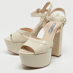 Prada Cream Patent Leather Platform Block Heel Ankle Strap Sandals Size 37.5