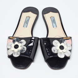 Pre Owned Prada Black Patent Leather Floral Applique Flat Slides Size 36.5