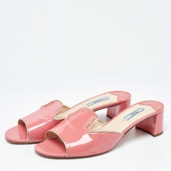 مملوكة مسبقًا Prada Pink Patent Leather Block Heel Open Toe Slide Sandals Size 41