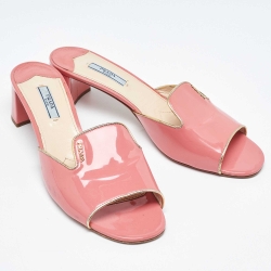 مملوكة مسبقًا Prada Pink Patent Leather Block Heel Open Toe Slide Sandals Size 41
