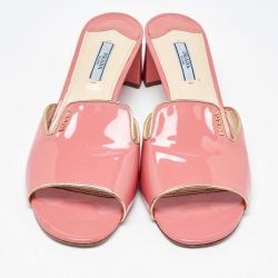 مملوكة مسبقًا Prada Pink Patent Leather Block Heel Open Toe Slide Sandals Size 41