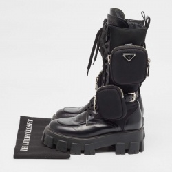 Prada Black Leather and Satin Monolith Mid Calf Boots Size 38