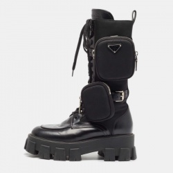Prada Black Leather and Satin Monolith Mid Calf Boots Size 38