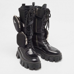 Prada Black Leather and Satin Monolith Mid Calf Boots Size 38