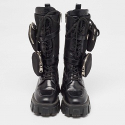 Prada Black Leather and Satin Monolith Mid Calf Boots Size 38