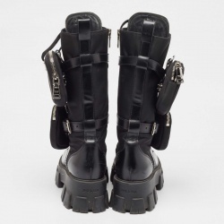 Prada Black Leather and Satin Monolith Mid Calf Boots Size 38