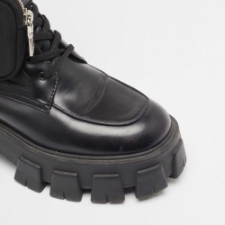 Prada Black Leather and Satin Monolith Mid Calf Boots Size 38