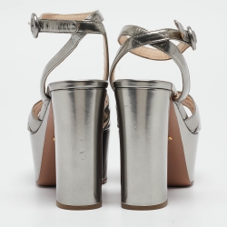 Prada Silver Patent Leather Ankle Strap Platform Sandals Size 39 