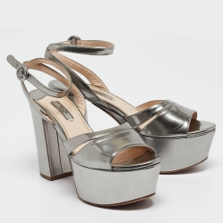 Prada Silver Patent Leather Ankle Strap Platform Sandals Size 39 