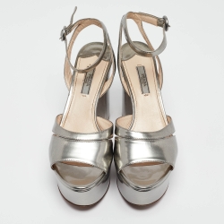 Prada Silver Patent Leather Ankle Strap Platform Sandals Size 39 