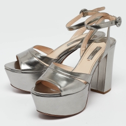 Prada Silver Patent Leather Ankle Strap Platform Sandals Size 39 