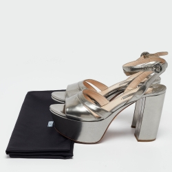 Prada Silver Patent Leather Ankle Strap Platform Sandals Size 39 