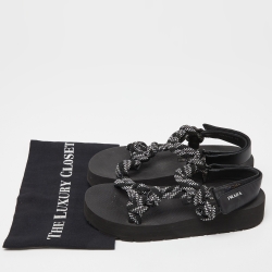 Prada Black/White Leather And Rope Donna Nastro Platform Velcro Strap Sandals Size 37