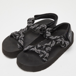 Prada Black/White Leather And Rope Donna Nastro Platform Velcro Strap Sandals Size 37