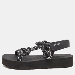 Prada Black/White Leather And Rope Donna Nastro Platform Velcro Strap Sandals Size 37