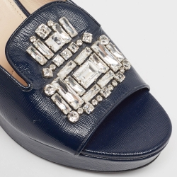 مملوكة مسبقًا Prada Blue Patent Leather Crystal Embellished Wedge Slide Sandals Size 39