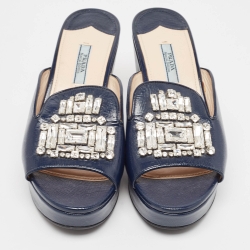مملوكة مسبقًا Prada Blue Patent Leather Crystal Embellished Wedge Slide Sandals Size 39