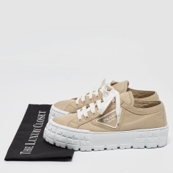 Pre Owned Prada Beige Nylon Gabardine Double Wheel Low Top Sneakers Size 37.5