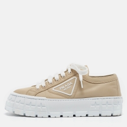Pre Owned Prada Beige Nylon Gabardine Double Wheel Low Top Sneakers Size 37.5