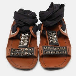 Pre Owned Prada Brown/Black Leather Studded Ribbon Flat Sandals Size 39