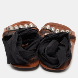 Pre Owned Prada Brown/Black Leather Studded Ribbon Flat Sandals Size 39