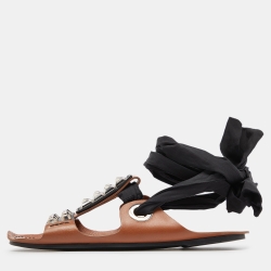 Pre Owned Prada Brown/Black Leather Studded Ribbon Flat Sandals Size 39