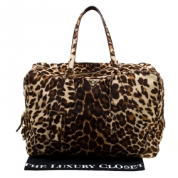 Prada Brown Animal Print Calf Hair Weekender Bag