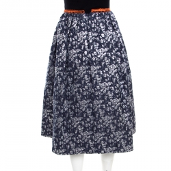 Pre Owned Preen by Thornton Bregazzi Silver and Navy Blue Floral Jacquard Midi Skirt S