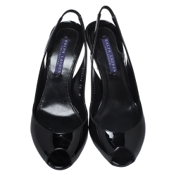Pre Owned Ralph Lauren Black Patent Leather Slingback Airia Peep Toe Sandals Size 36