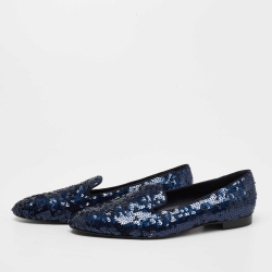 Pre Owned Ralph Lauren Collection Navy Blue Sequin Quintessa Smoking Slippers Size 40