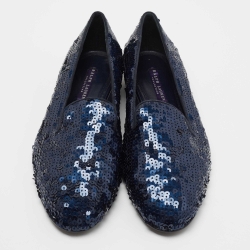 Pre Owned Ralph Lauren Collection Navy Blue Sequin Quintessa Smoking Slippers Size 40