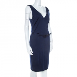 Pre Owned Ralph Lauren Navy Blue Stretch Knit Sleeveless Belted Sheath Dress M