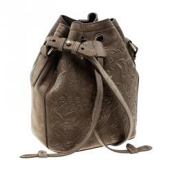 Pre Owned Ralph Lauren Taupe Embroidered Leather Small Drawstring Bucket Bag