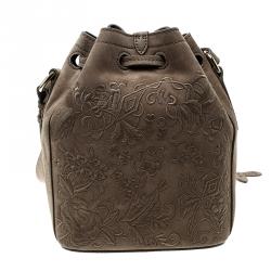 Pre Owned Ralph Lauren Taupe Embroidered Leather Small Drawstring Bucket Bag