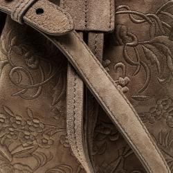 Pre Owned Ralph Lauren Taupe Embroidered Leather Small Drawstring Bucket Bag