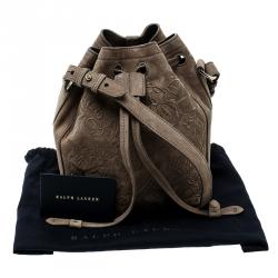 Pre Owned Ralph Lauren Taupe Embroidered Leather Small Drawstring Bucket Bag
