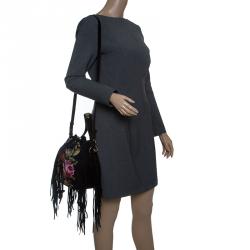 Pre Owned Ralph Lauren Black Leather Drawstring Fringed Bucket Bag