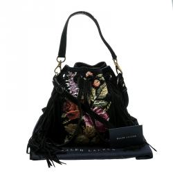 Pre Owned Ralph Lauren Black Leather Drawstring Fringed Bucket Bag