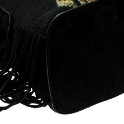 Pre Owned Ralph Lauren Black Leather Drawstring Fringed Bucket Bag