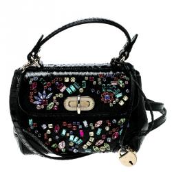Pre Owned Ralph Lauren Black Leather Mini Tiffin Crystal Embellished Top Handle Bag