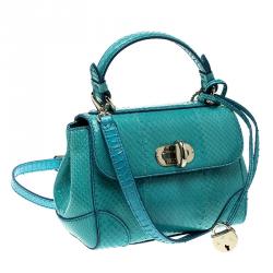 Pre Owned Ralph Lauren Turquoise Python Mini Tiffin Top Handle Bag