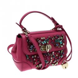 Pre Owned Ralph Lauren Pink Leather Mini Tiffin Crystal Embellished Top Handle Bag