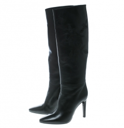 Pre Owned Ralph Lauren Black Floral Embroidered Leather Tolliver-e Knee Length Boots Size 38